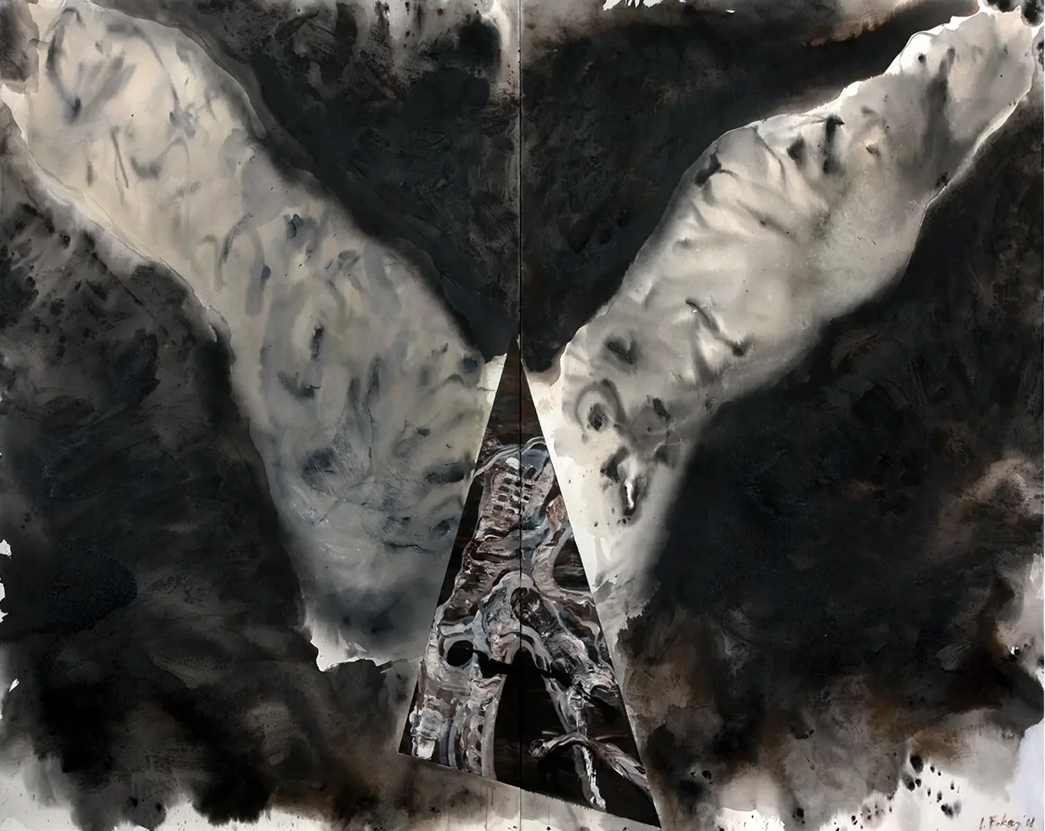 Contemporary artists Yiannis Fokas' artwork from 2008. Untitled. Diptych. 240 x 300 cm. Greyscale, mixed media techniques, vast black tint background, with various abstract shapes. The overarching theme is formed by the wings and the triangular shape. Various paint drips in all dimensions travel through the painting space heading outside the canvas.