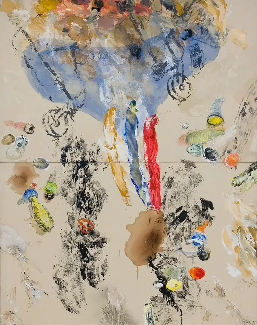 Contemporary artists Yiannis Fokas' artwork from 2003. Untitled. 220 x 200 cm. Multicolor, mixed media techniques, vast beige-yellow tint background, with various abstract and formulated shapes. A vinyl disc glued, shapes reminding a toy pony, a painting frame, a table. Various paint drips and aeras of paint in all dimensions travel through the painting space heading outside the canvas.