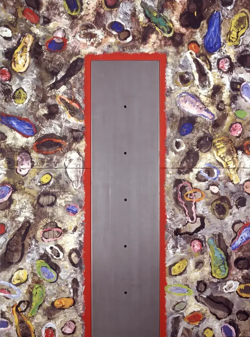 Contemporary artists Yiannis Fokas' artwork from 2003. Untitled. Quadriptych. 300 x 220 cm. Multicolored, mixed media techniques and metal plate with holes running down from the top. Grey-beige tint background, with various abstract multicolored shapes. Some paint drips