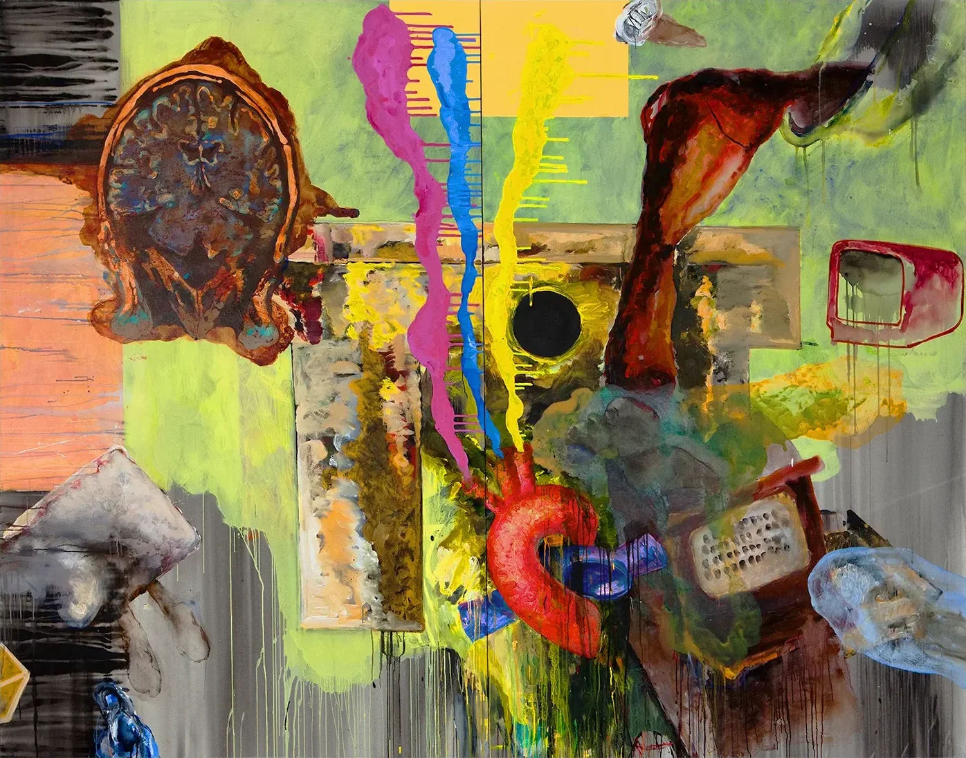 Contemporary artists Yiannis Fokas' artwork from 2009. Untitled. Diptych. 240 x 300 cm. Multicolor, mixed media techniques. Various abstract and formulated shapes. The overarching theme is formed by a brain section, a register a liver and a TV. Various paint drips in all dimensions travel through the painting space heading outside the canvas.