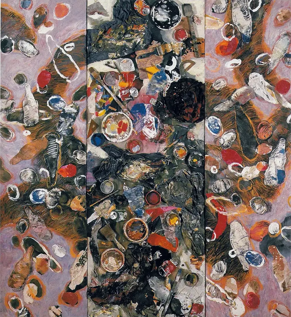 Contemporary artists Yiannis Fokas' artwork from 2003. Untitled. Triptych. 220 x 200 cm. Multicolored, mixed media techniques and materials from the atelier collage. Purple tint background, with various abstract multicolored shapes.