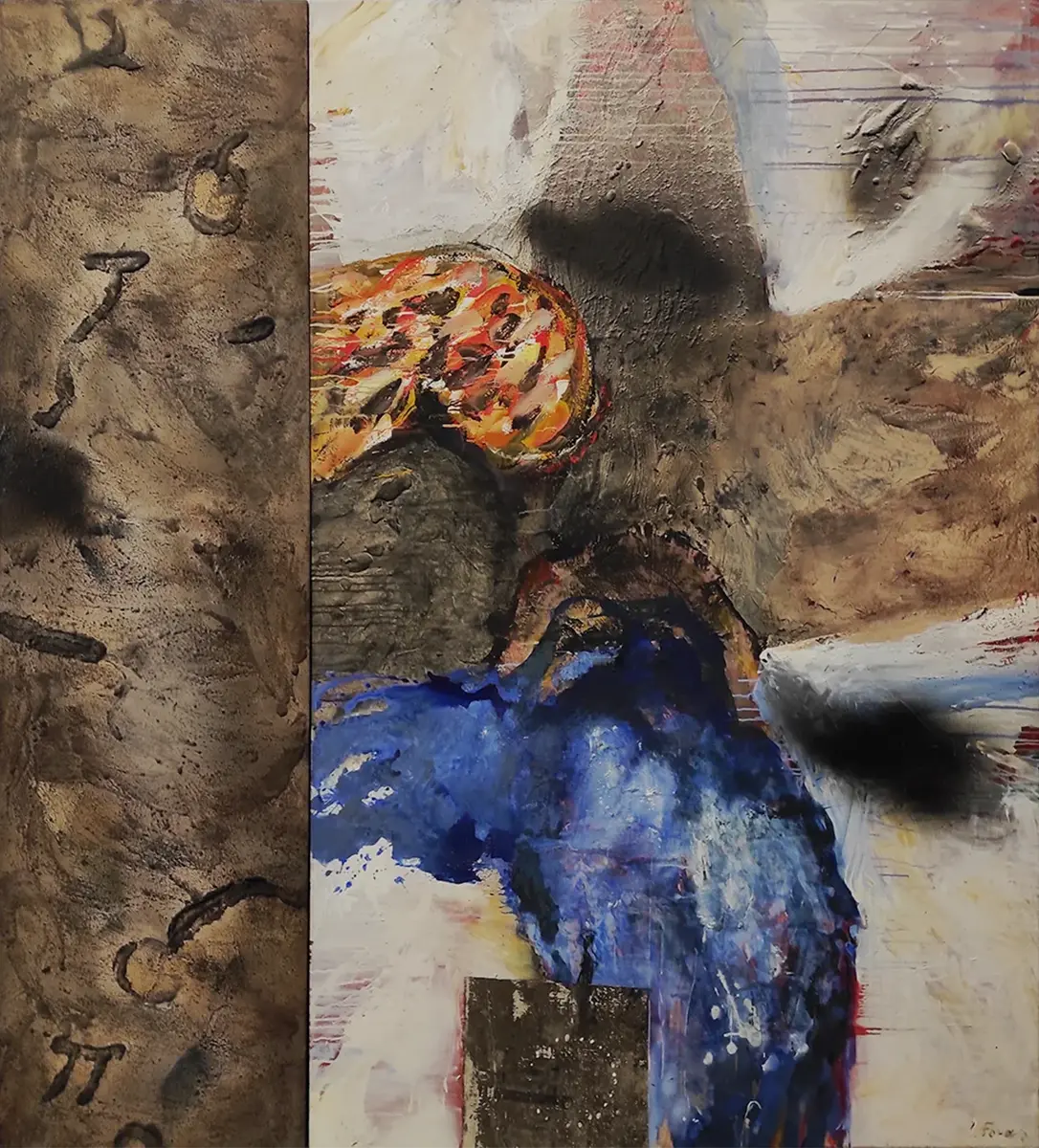 Contemporary artists Yiannis Fokas' artwork from 2001. Untitled. Diptych. 220 x 200 cm. Multicolor, mixed media techniques, a mostly brown canvas on the left. Matter, wild brushstrokes, and drips. Beige background color of right canvas. Shapes of blue, black and red, various abstract forms shaped by brushstrokes and matter.