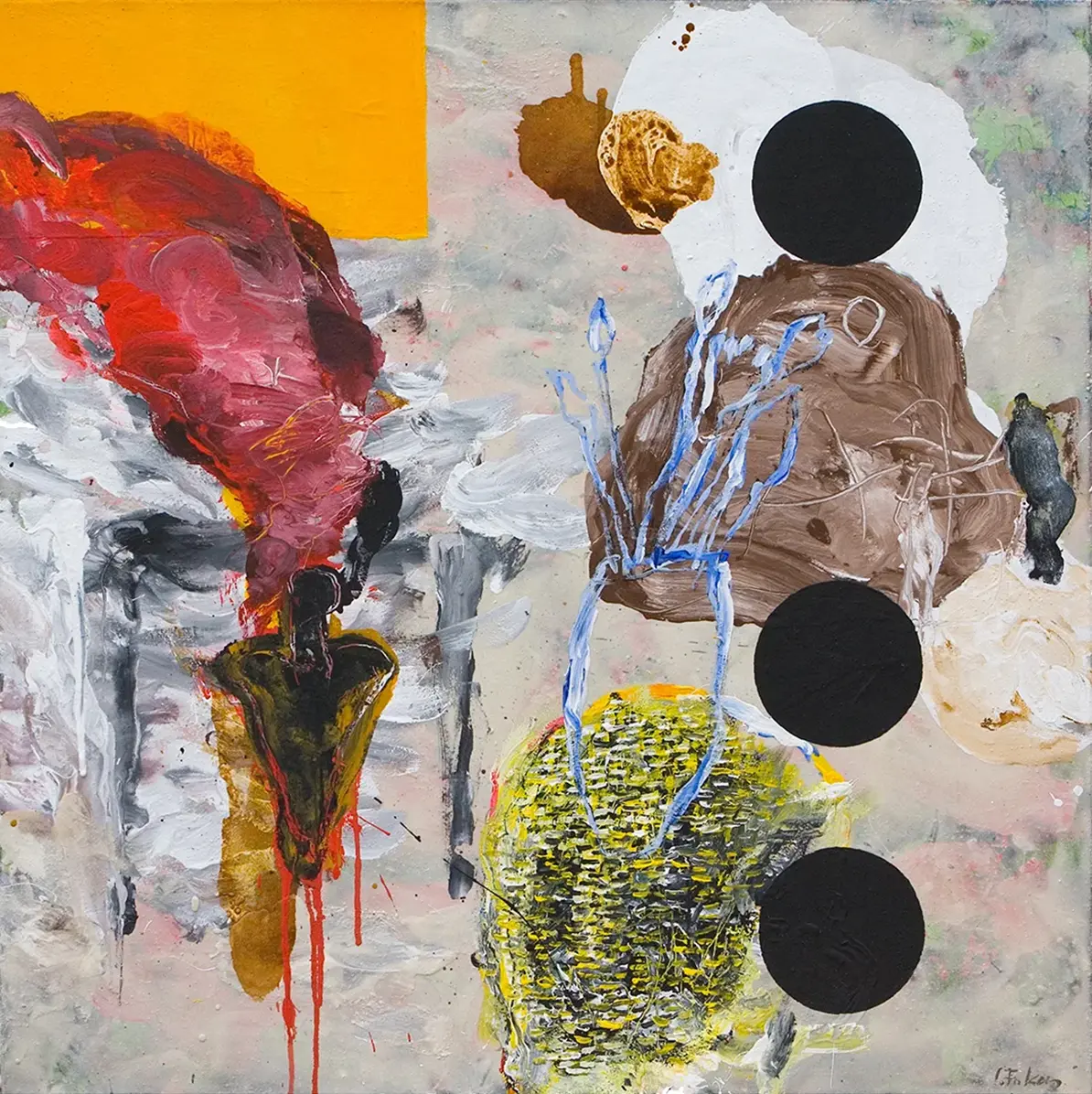 Contemporary artists Yiannis Fokas' artwork from 2004. Untitled. 120 x 120 cm. Multicolor, mixed media techniques. Various abstract and slightly formulated shapes, mainly grey tones background, some red forms and some yellow and orange. Some paint drips. Three black holes.