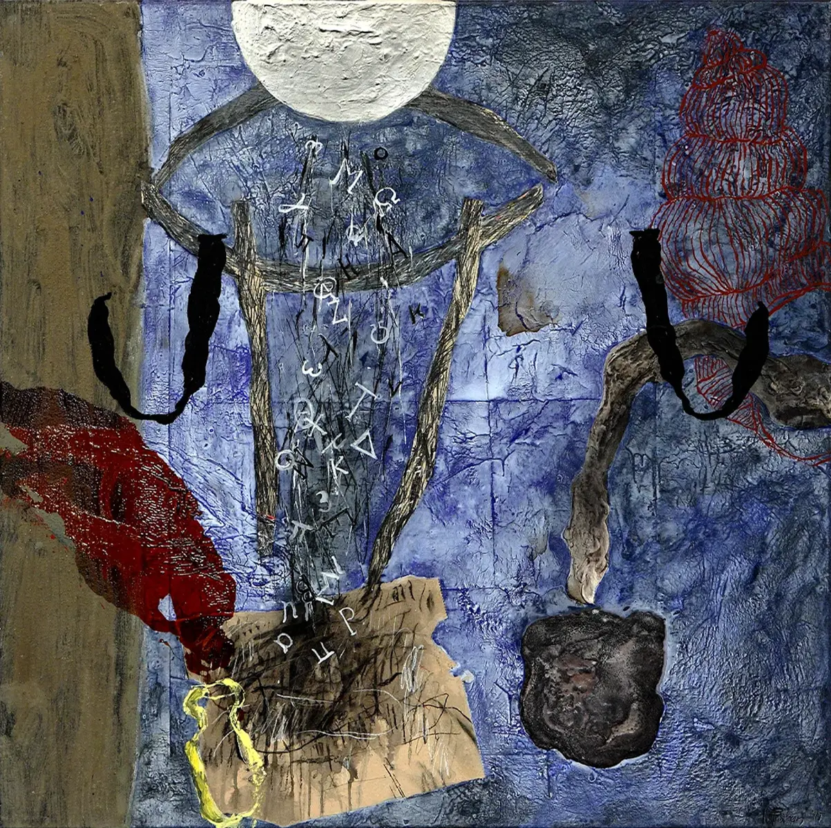 Contemporary artists Yiannis Fokas' artwork from 2004. Untitled. 120 x 120 cm. Multicolor, mixed media techniques. Various abstract and slightly formulated shapes, mainly blue tones background, some red forms and some black and brown. Some paint drips. A moon, letters of the alphabet stream, a seashell.