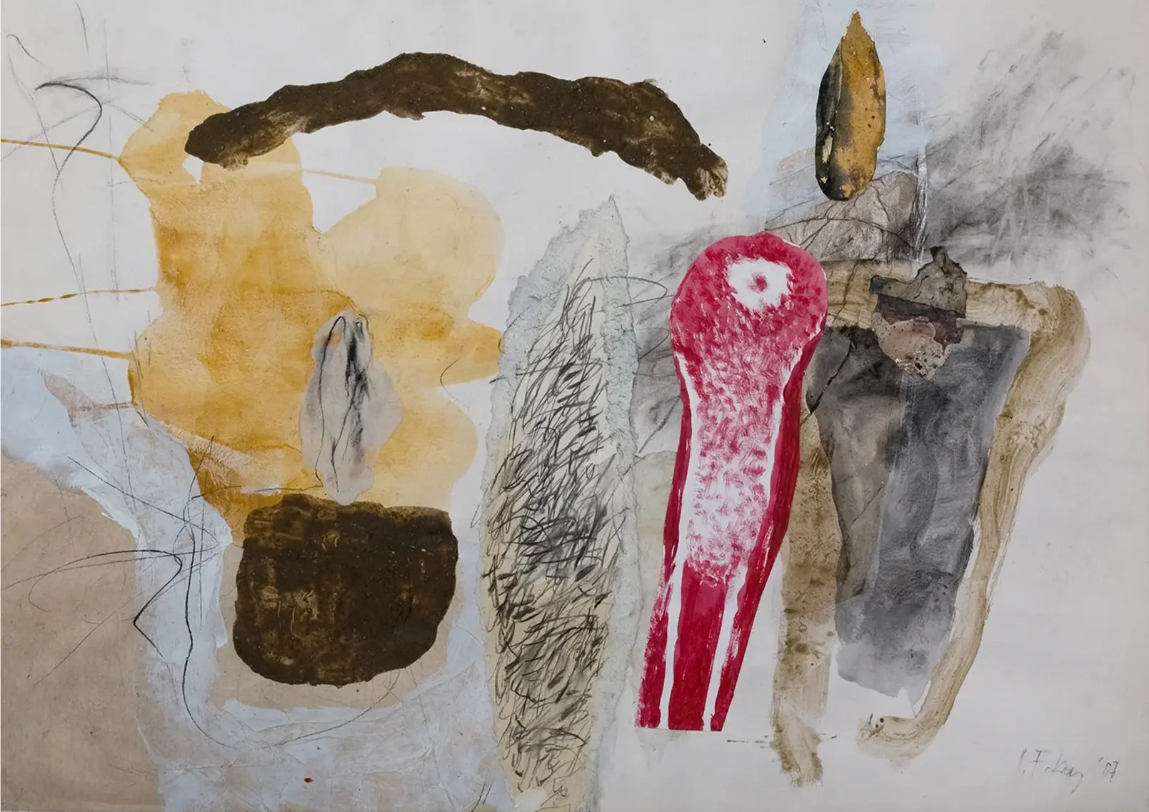 Contemporary artists Yiannis Fokas' artwork from 1993. Untitled. Paper. 70 x 100 cm. Multicolor, mixed media techniques. Paper color grey tint background, various abstract and slightly formulated shapes, some red beige and orange. Some paint drips.