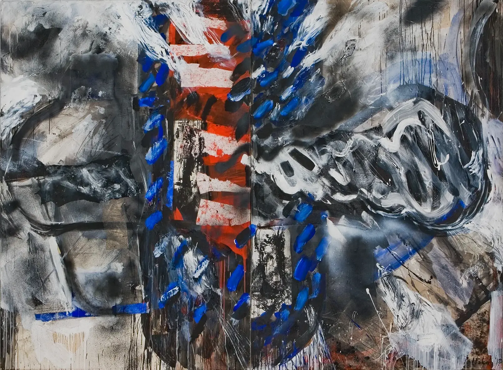 Contemporary artists Yiannis Fokas' artwork from 1987. Untitled. Diptych. 220 x 300 cm. Multicolor, mixed media techniques, matter, wild brushstrokes, and drips, spray-paint. Red, brown, blue, greys. Background in mainly grey hues. A whirlwind or cloud shape; various abstract forms shaped by strokes, forms and matter.