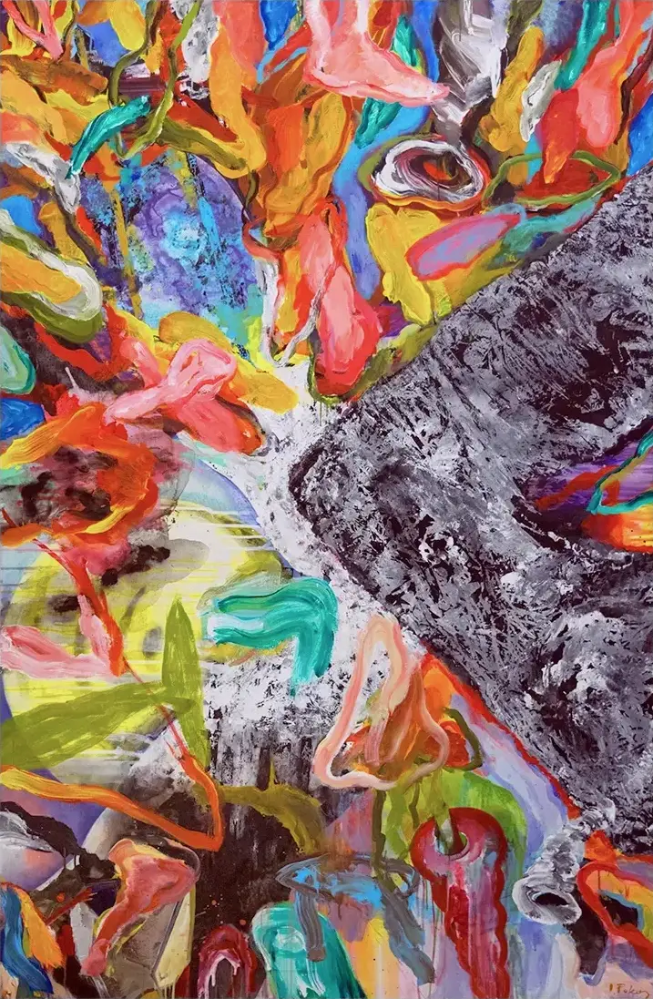 Contemporary artists Yiannis Fokas' artwork from 2024. Untitled. 130 x 220 cm. Multicolor, mixed media techniques. Various abstract and slightly formulated shapes, some reminding scarfs blown by the wind. Some paint drips.