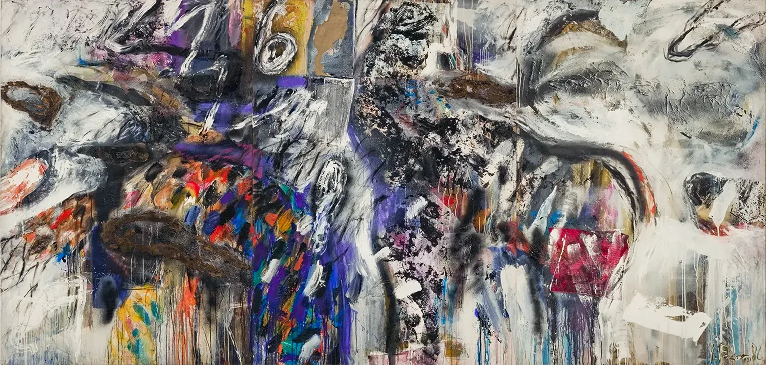 Contemporary artists Yiannis Fokas' artwork from 1986. Untitled. Triptych. 190 x 390 cm. Multicolor, mixed media techniques, matter, wild brushstrokes, and drips, spray-paint. Red, brown, blue, yellow, orange. Background in mainly white hues. Various abstract forms shaped by strokes, forms and matter.