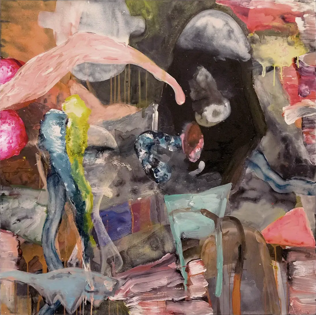 Contemporary artists Yiannis Fokas' artwork from 2024. Untitled. 120 x 120 cm. Multicolor, mixed media techniques. Various abstract and slightly formulated shapes, mainly warm tones, some red forms and some yellow, black, blue and pink. Some paint drips.