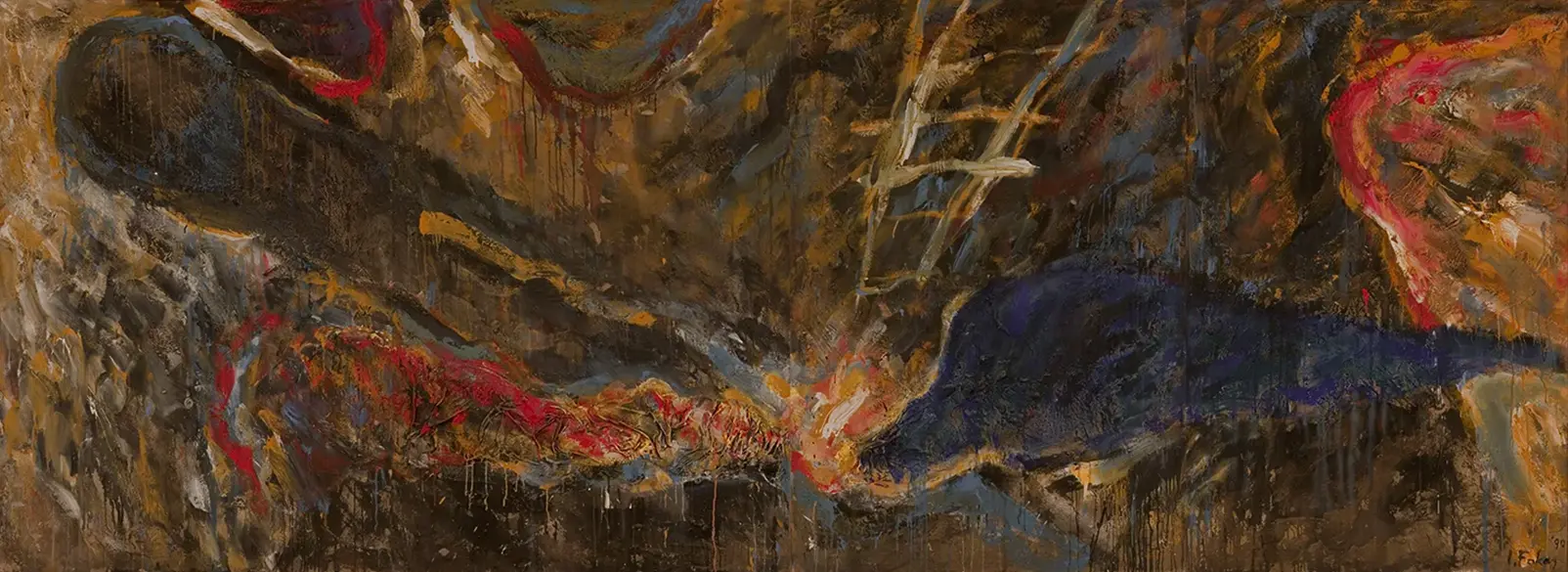 Contemporary artists Yiannis Fokas' artwork from 1990. Untitled. Quadriptych. 190 x 520 cm. Multicolor, mixed media techniques, matter, wild brushstrokes, and drips. Orange, red, blue, greys, yellows. Overarching mainly brown hues. Stairs shape; various abstract forms shaped by brushstrokes and matter.