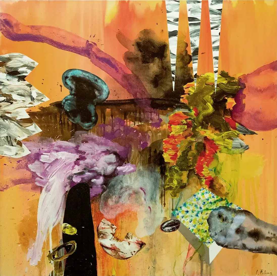 Contemporary artists Yiannis Fokas' artwork from 2017. Untitled. 120 x 120 cm. Mixed media techniques. Various forms, mostly orange tints, contrasting reds, orange and yellow shapes; 3 triangular shapes on the top 3, a shape with brushstrokes resembling a stone tablet.