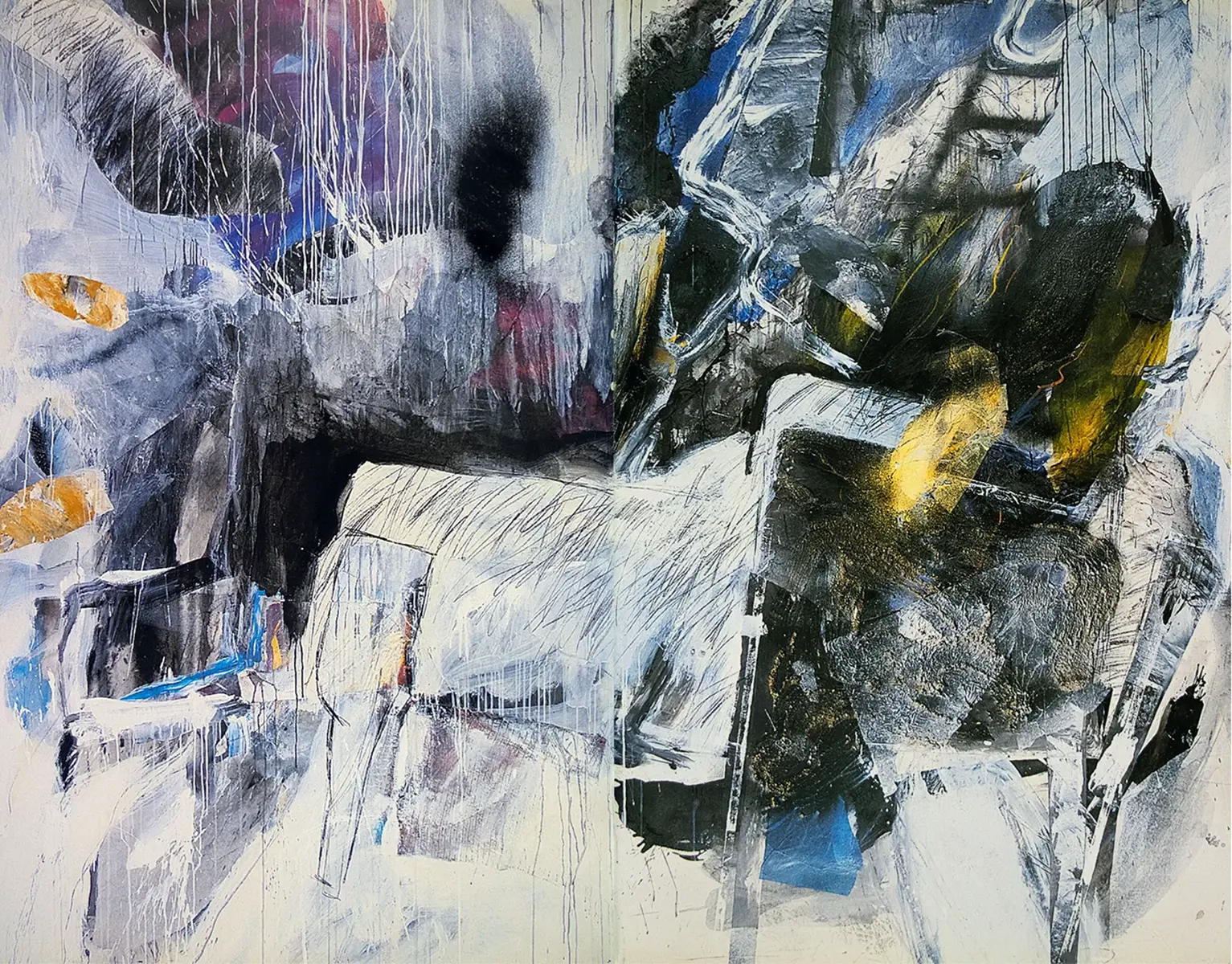 Contemporary artists Yiannis Fokas' artwork from 1990. Untitled. Diptych. 220 x 300 cm. Multicolor, mixed media techniques, matter, wild brushstrokes, and drips, spray-paint. Purple, yellow, orange, blues, greys. Background in mainly grey hues. An armchair shape; various abstract forms shaped by strokes and matter.