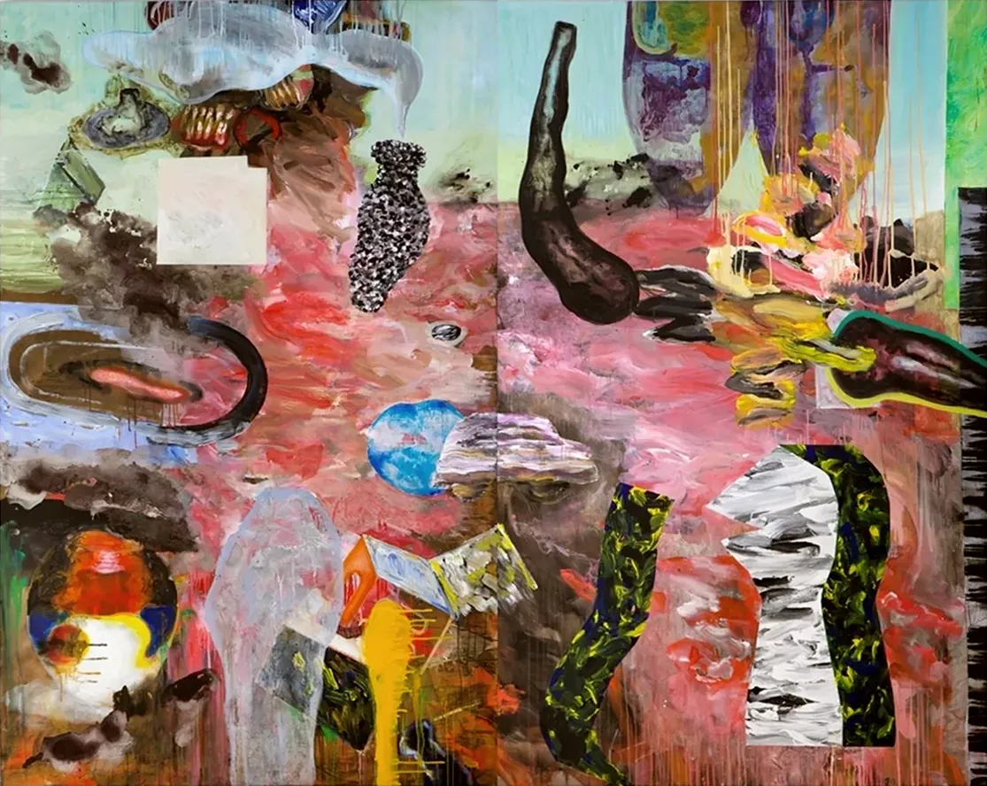 Contemporary artists Yiannis Fokas' artwork from 2013. Untitled. Diptych. 240 x 300 cm. Multicolor, mixed media techniques. Various abstract and formulated shapes. Pink tones, teal, red, blue and yellow. Various paint drips in all dimensions travel through the painting space heading outside the canvas.