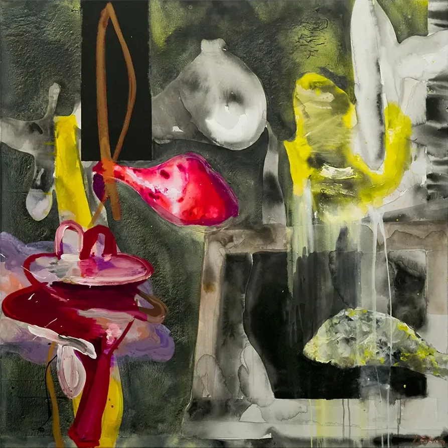 Contemporary artists Yiannis Fokas' artwork from 2024. Untitled. 120 x 120 cm. Multicolor, mixed media techniques. Various abstract and slightly formulated shapes, mainly grey tones, some red forms and some yellow. Some paint drips.