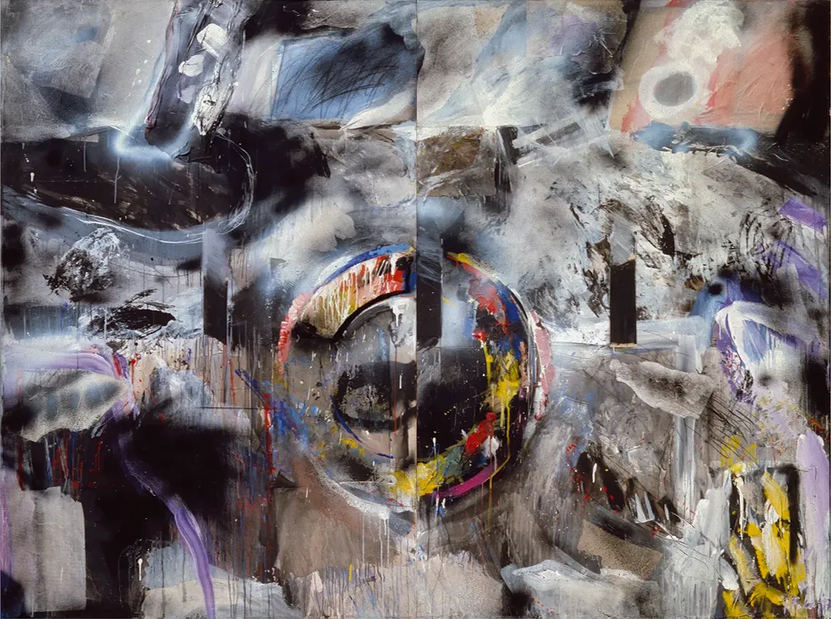 Contemporary artists Yiannis Fokas' artwork from 1987. Untitled. Diptych. 220 x 300 cm. Multicolor, mixed media techniques, matter, wild brushstrokes, and drips, spray-paint. Red, brown, blue, yellow, white hues. A large circular form in the middle surrounded with strokes, forms and matter.