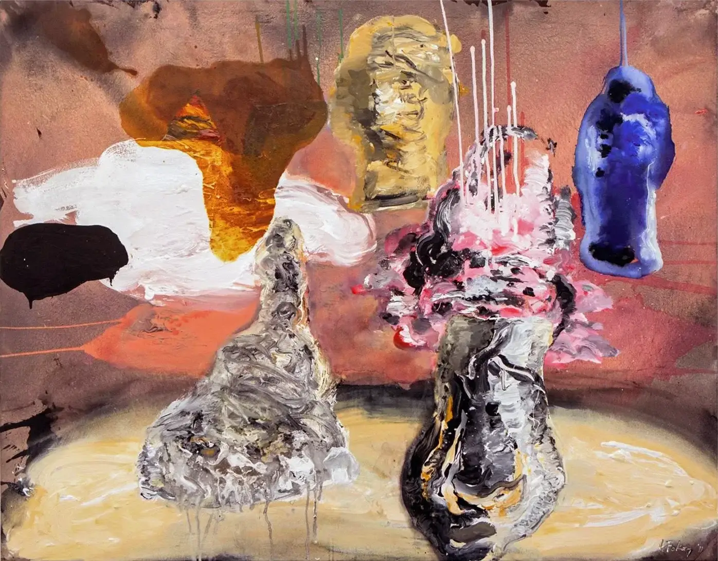 Contemporary artists Yiannis Fokas' artwork from 2012. Untitled. 115 x 145 cm. Multicolor, mixed media on canvas. Various abstract and slightly formulated shapes, pink tint background. Some beige, orange and pink, blue. Some paint drips.
