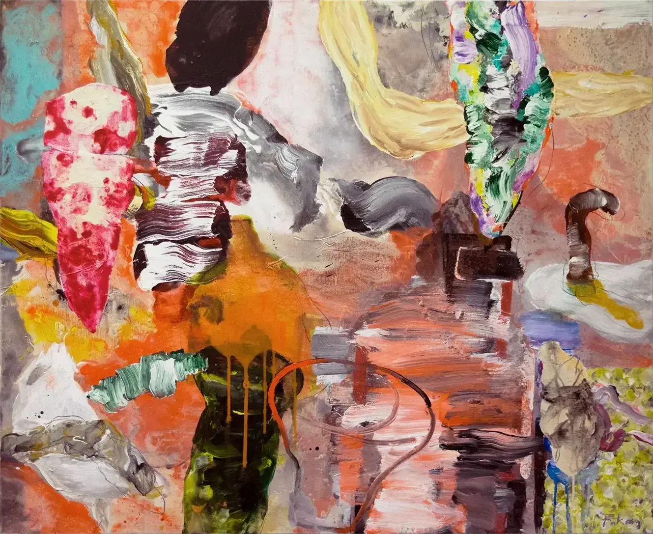 Contemporary artists Yiannis Fokas' artwork from 2024. Untitled. 90 x 110 cm. Multicolor, mixed media techniques. Various abstract and slightly formulated shapes. Some paint drips.