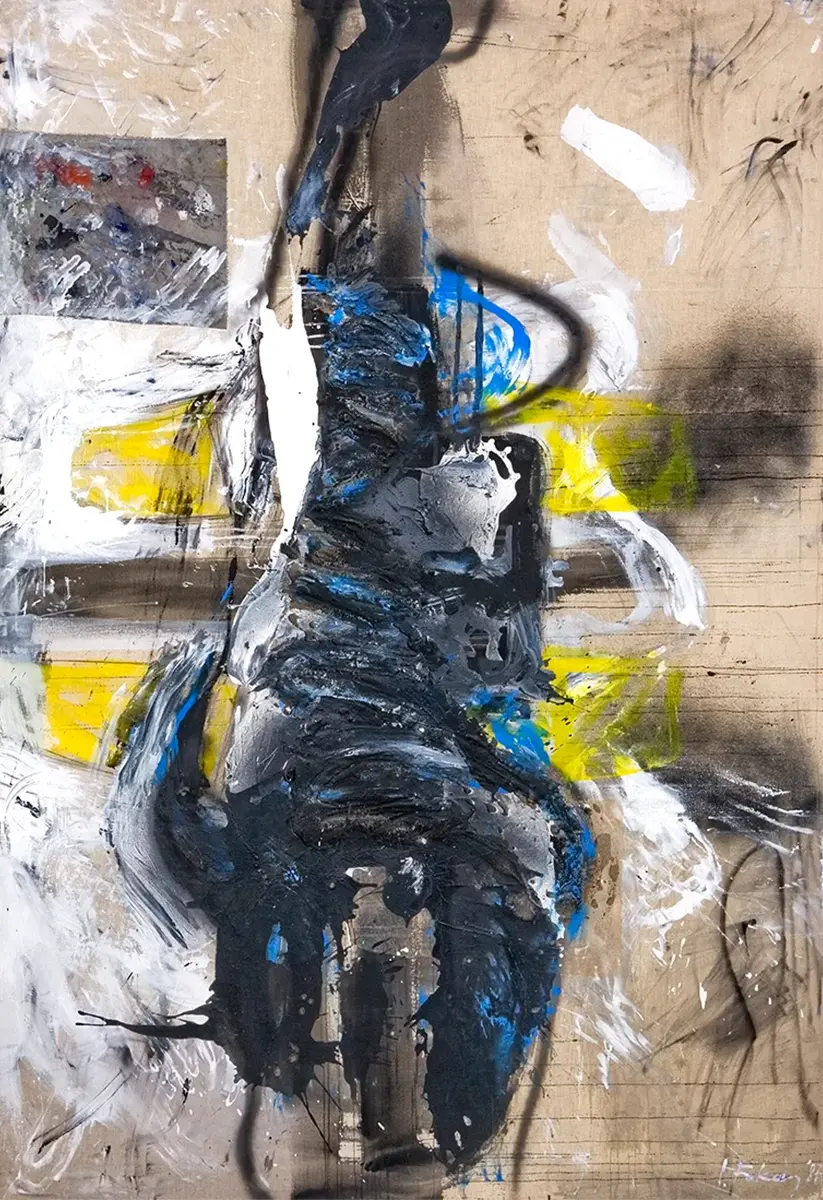 Contemporary artists Yiannis Fokas' artwork from 1987. Untitled. 220 x 150 cm. Multicolor, mixed media techniques, matter, wild brushstrokes, and drips, spray-paint. Blue, yellow, white hues, beige background. A large form in the middle surrounded with strokes, forms and matter.