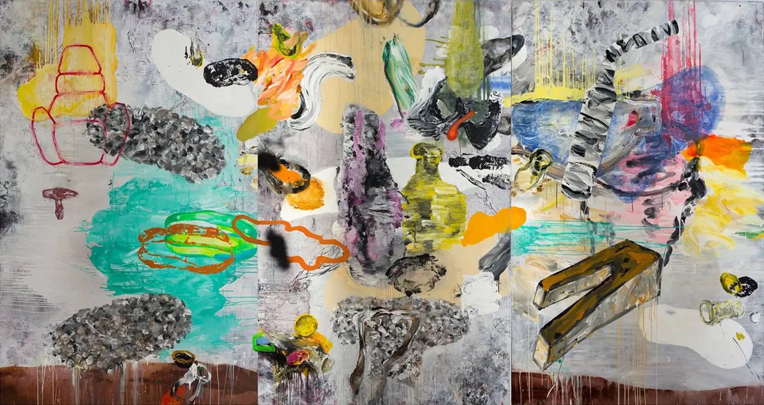 Contemporary artists Yiannis Fokas' artwork from 2013. Untitled. Triptych. 240 x 450 cm. Multicolored, mixed media techniques. Grey hues background, with various abstract and semi-formed multicolored shapes.