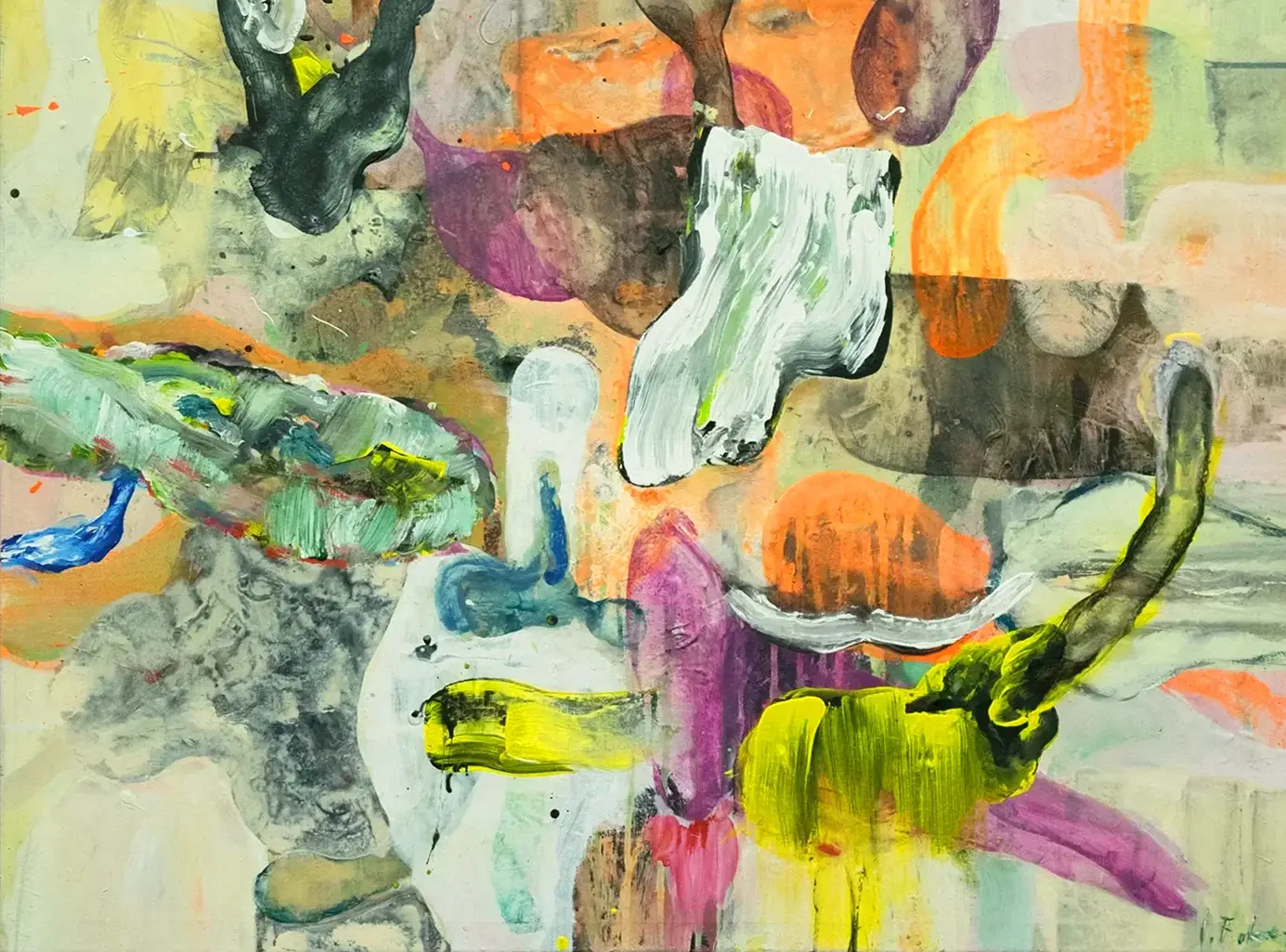 Contemporary artists Yiannis Fokas' artwork from 2024. Untitled. 70 x 90 cm. Multicolor, mixed media on canvas. Various abstract and slightly formulated shapes, beige background. Some yellow, orange and red, teal. Some paint drips.